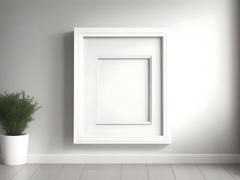 Modern indoor interior design with realistic square empty picture frame Mockup on white wall for product presentation. 3D poster frame template living room wooden floor