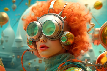 Vibrant redhead White woman in futuristic city