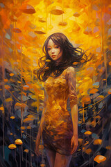 Painting of fashionable young woman with long brown hair, standing confidently surrounded by autumn colors