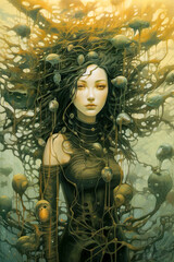 Painting of futuristic women portrait in science fiction setting striking and mysterious