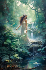 Painting of young woman in flowing dress elegant hairstyle surrounded by forest and water