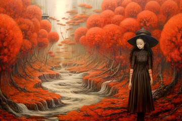 Painting of woman walking along creek in autumn