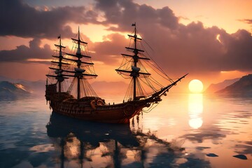 Pirate port overlooking old sailing ship in sea at sunset 3d rendering