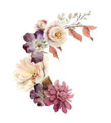 Watercolor vector wreath with bright autumn flowers and foliage.