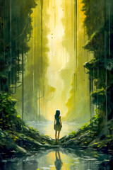 Painting of luminous nature scene with lone figure water reflection and radiant sunlight