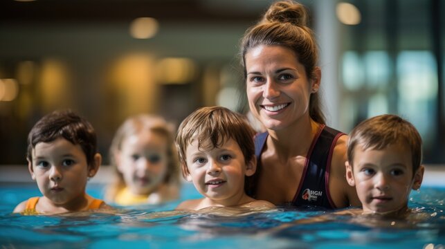 Female teacher giving swimming lessons to children in indoor pool.