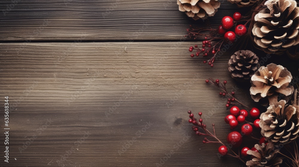 Wall mural christmas card decorated with pine cones and cranberries. generative ai