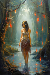 Painting of dark and mysterious woman in stylish fashion and long hair standing in water