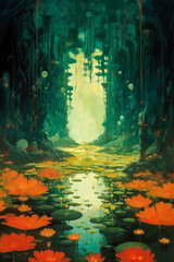 Painting of tranquil forest river with stunning natural scenery and flowers in glistening water