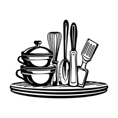 Vector Illustration of a kitchen utensils and a hatwith lines drawing for logo,icon, black and white