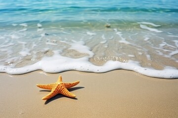 Fototapeta na wymiar Starfish on the sand beach in clear sea water. Summer