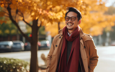 Smiling asian man walking in street 