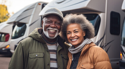 Hipster senior couple ready for roadtrip on oldtimer mini van transport. Travel lifestyle concept minivan adventure trip having fun in relax moment, posing outdoors