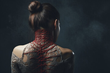 Woman suffering from neck and back pain. Metaphoric art - obrazy, fototapety, plakaty