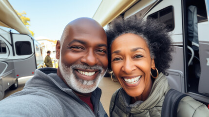 Hipster senior couple ready for roadtrip on oldtimer mini van transport. Travel lifestyle concept minivan adventure trip having fun in relax moment, posing outdoors