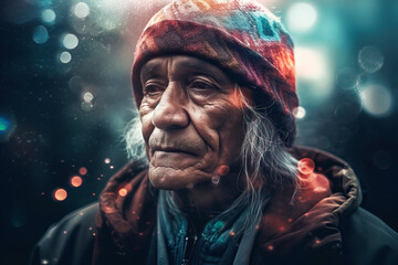 Captivating double exposure portrait of a Native American adult and lens flare