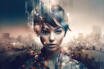 Composite of young woman in front of cityscape