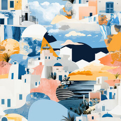Greece island travel blue collage moodboard repeat pattern - obrazy, fototapety, plakaty