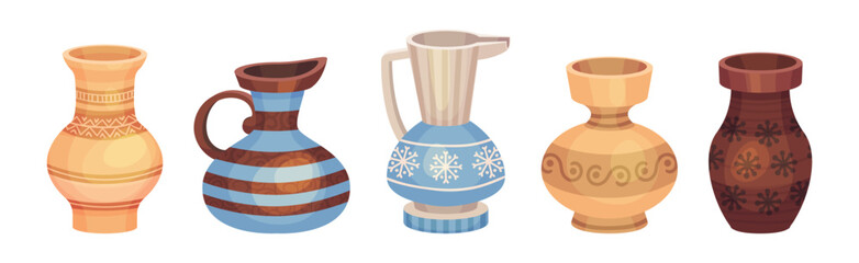 Ceramic Vase and Crafted Clay Container with Ornament Vector Set