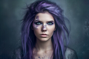 Purple face painted White woman with long purple hair and captivating expression looking at camera