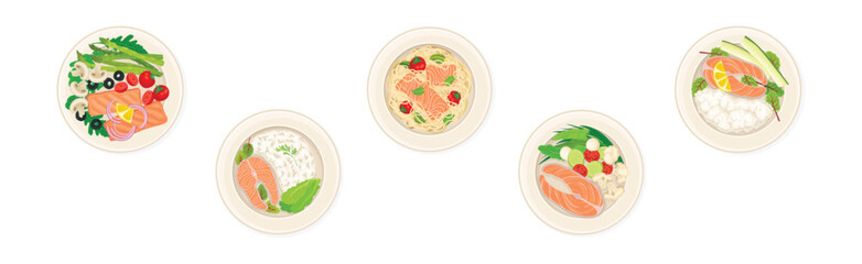Salmon Dish as Tasty Seafood Meal Served on Plate Vector Set