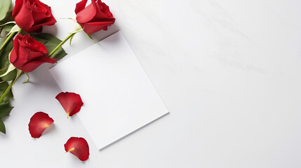 Blank paper card with red roses. Invitation and greeting  card, generative ai