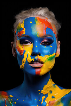 Woman with colorful face paint on black background artistic and vibrant portrait