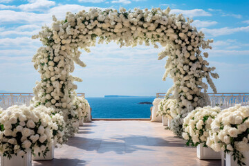 arch made with white roses for an outdoor wedding hall with the sea in the background