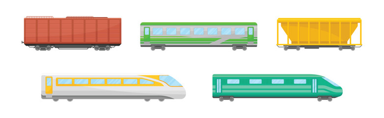 Passenger and Cargo Train and Railroad Transport with Wagon Vector Set