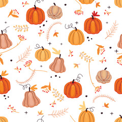 Autumn harvest seamless pattern with grange pumpkins.Colorful print on fabric and paper with fruits,twigs with red berries,leaves and doodle elements.Vector flat illustration on white background.