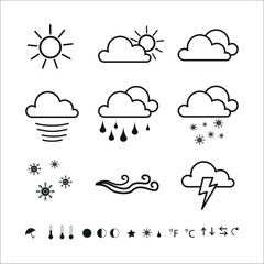 Fototapeta premium WEATHER - thin line vector icon set. Pixel perfect. Editable stroke. The set contains icons: Sun, Moon, Cloud, Winter, Summer, Rain, Snow, Blizzard, Umbrella, Snowflake, Sunrise, Wind. stock illustrat