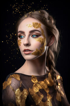 Confident Young Woman With Glamorous Gold Makeup On Black Background