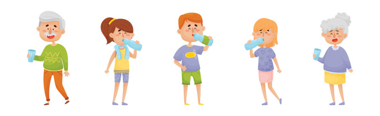 Man and Woman Drinking Water from Glass and Plastic Bottles Vector Set