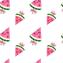 Exotic Watercolor watermelon ice cream pattern on white background. Healthy vegan food. Delicious Organic eating.