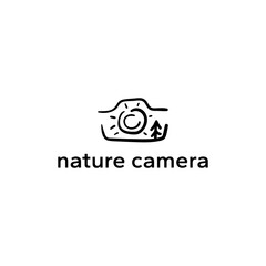 Camera logo concept with tree and sun inside.Vector illustration.