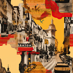 Fototapeta premium Travel Europe streets retro collage repeat pattern 