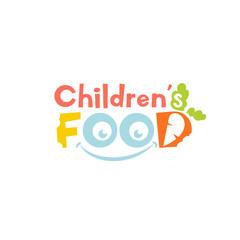 Children's logo with the inscription children's food, with fruits and vegetables in the letters.Vector illustration.