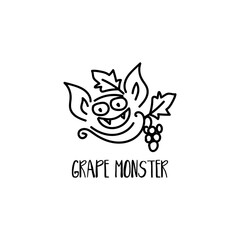 Logo concept with a cute monster and a bunch of grapes.Vector illustration.
