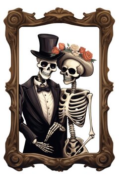 A couple of skeletons dressed up in tuxedos. Digital image.