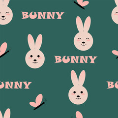 Childish seamless pattern with cartoon rabbit and butterfly
