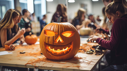 Scary Halloween pumpkin jack-o-lantern carved in a school class - obrazy, fototapety, plakaty