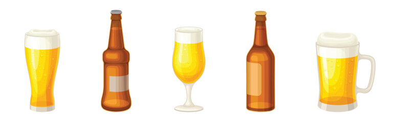 Beer Poured in Closed Bottle and Glass with Foam Vector Set