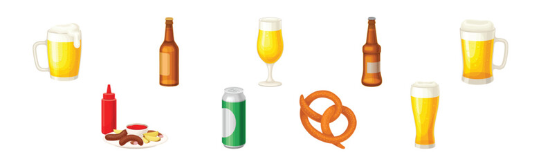 Beer Poured in Closed Bottle and Glass with Foam and Snack Vector Set