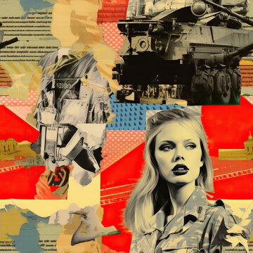 War themed cartoon collage repeat pattern