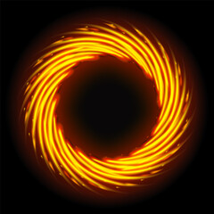 Shining glittering spinning golden circle with orange sparkles and glowing lights on black background, portal or round frame, isolated vector illustration
