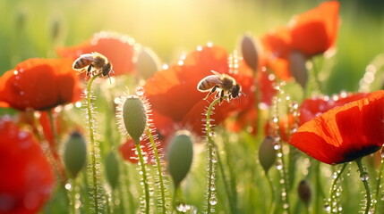  poppy flowers with morning dew water drops on wild field,bee and buterfly ,nature landscape background
