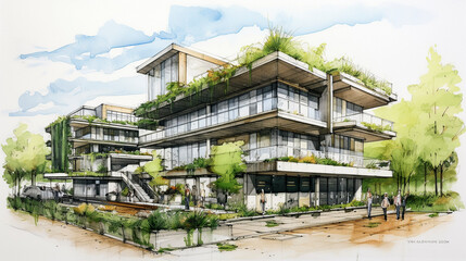 Fototapeta na wymiar Sustainable office building sketch showcasing green roofs, energy-efficient windows, and green facade