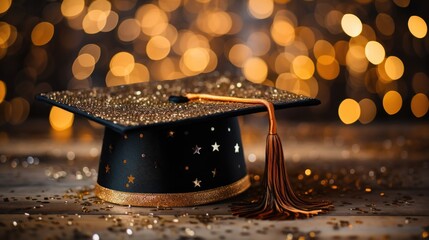 graduate cap against bokeh lights background.