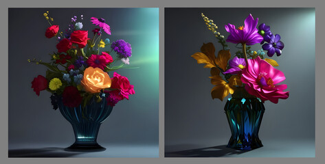 Two vases with fantasy flowers and roses.