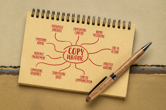 copywriting infographics or mind map sketch in a spiral notebook, marketing, branding and communication concept